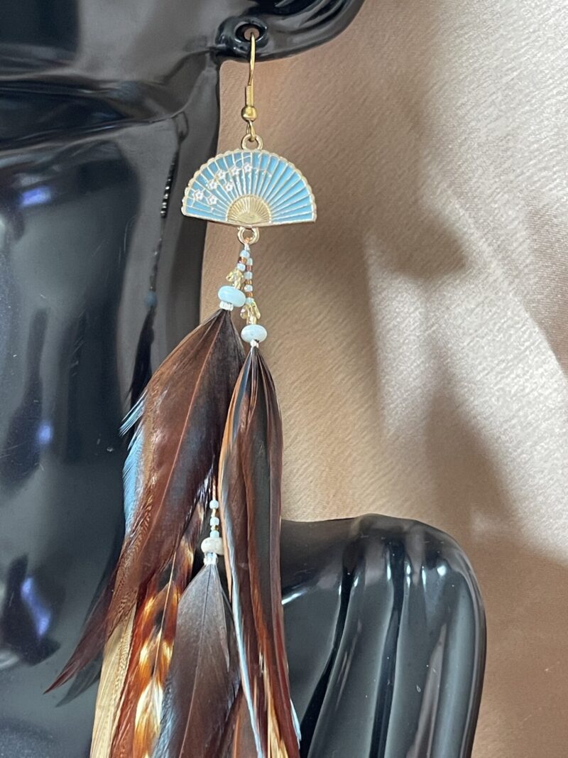 These are Turquoise Fan Brown and Turquoise Feather Earrings – Vibrant Elegance with a Natural Touch