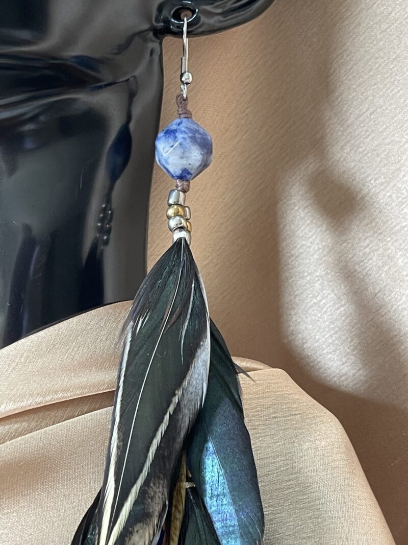 These are Merkabah Sodalite and Natural Green Blue Feather Earrings – Sacred Elegance and Grounding Energy