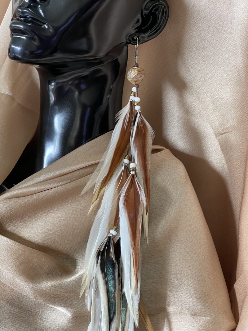 These are Merkabah Stone and Natural White-Brown Feather Earrings – Sacred Elegance and Grounding Energy