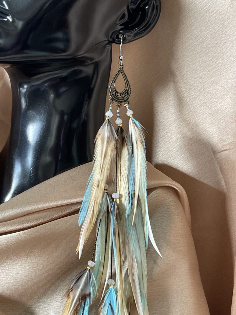 These are Blond Turquoise and Natural Feather Earrings – Flowing Elegance and Natural Charm