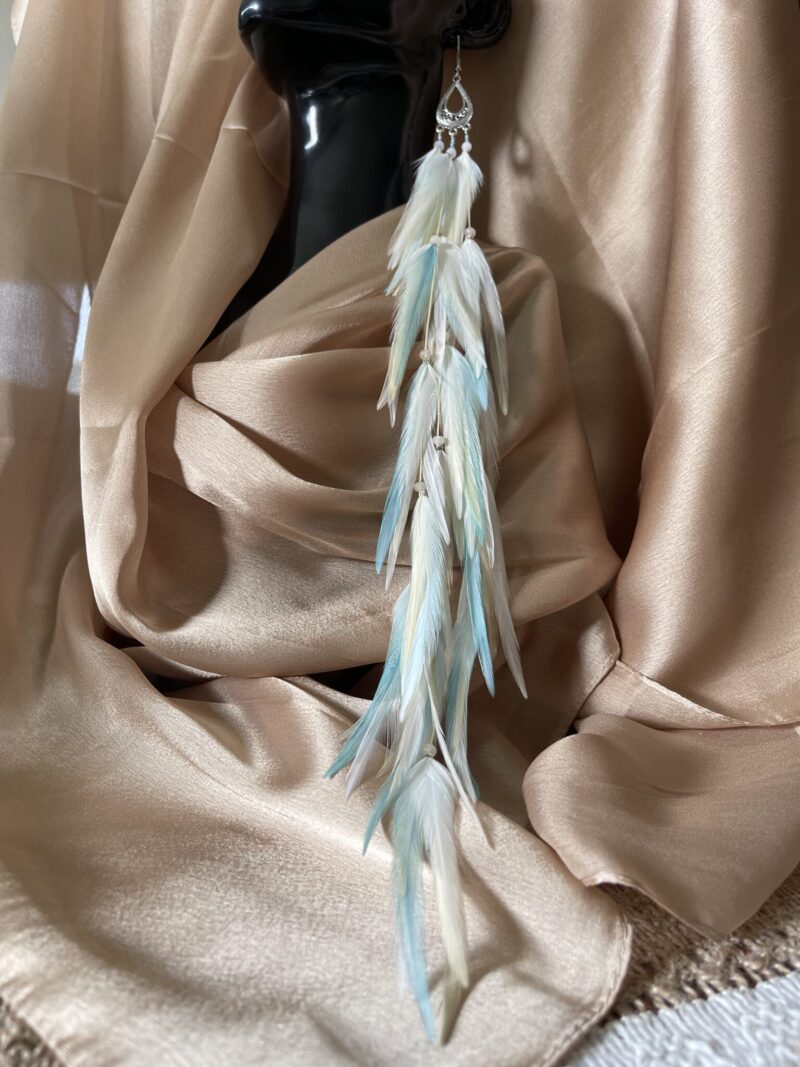 These are Blond Pastel Turquoise Feather Earrings – Elegance in Length and Soft Hues