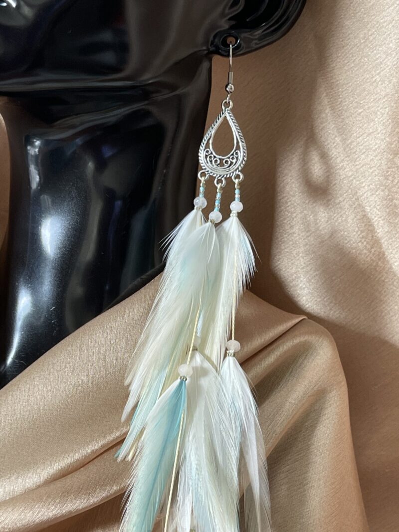 These are Blond Pastel Turquoise Feather Earrings – Elegance in Length and Soft Hues