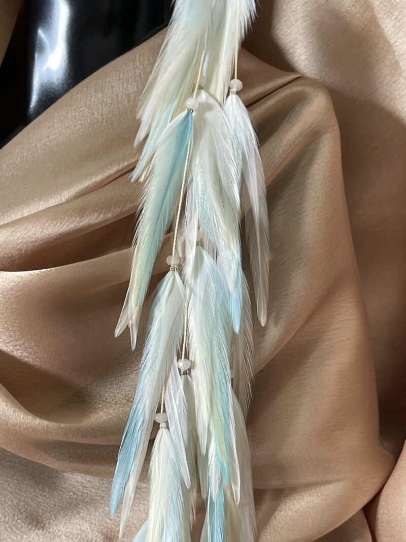 These are Blond Pastel Turquoise Feather Earrings – Elegance in Length and Soft Hues