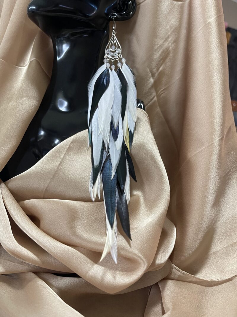 These are Peacock Princess Black and White Feather Earrings