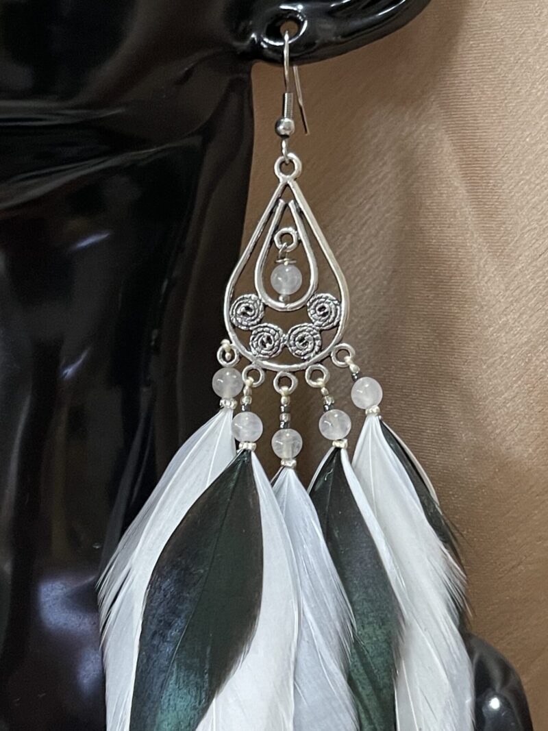 These are Peacock Princess Black and White Feather Earrings