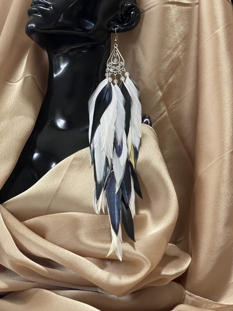 These are Peacock Princess Black and White Feather Earrings