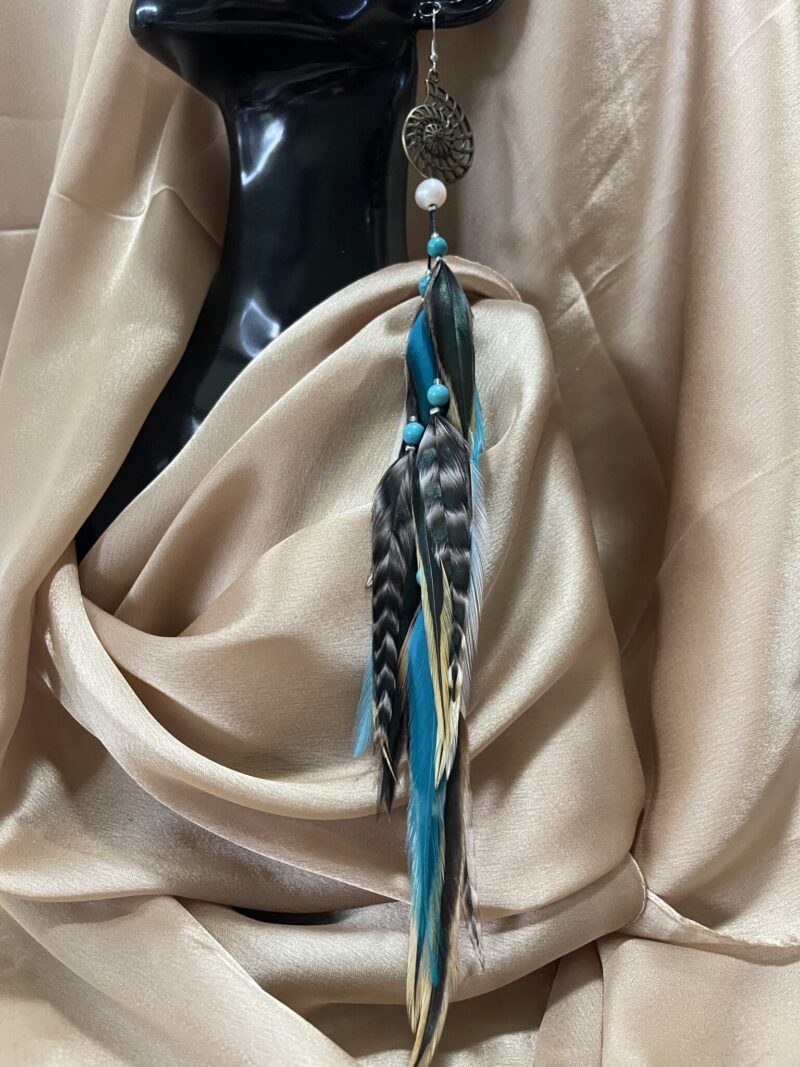 This is Single Spiral Pearl and Turquoise Bead Feather Earring