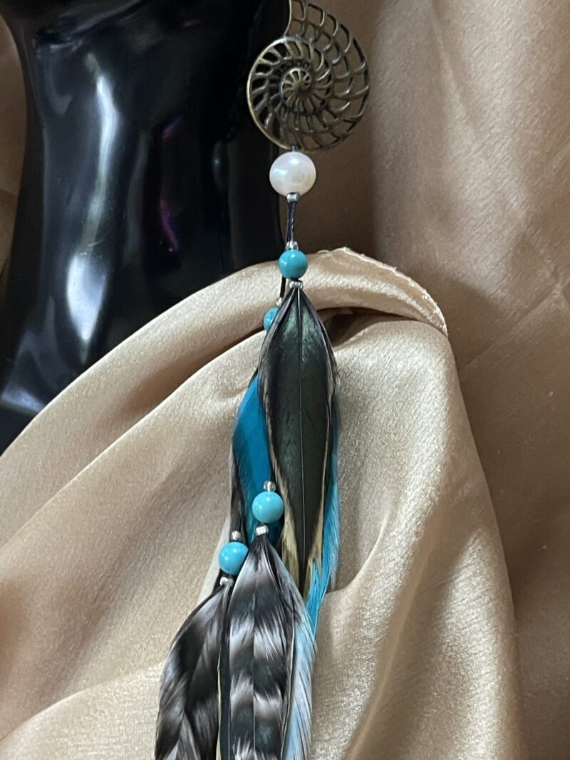 This is Single Spiral Pearl and Turquoise Bead Feather Earring