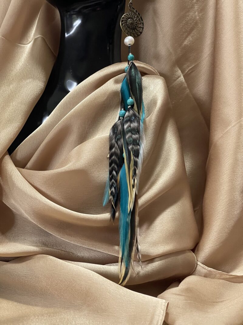 This is Single Spiral Pearl and Turquoise Bead Feather Earring