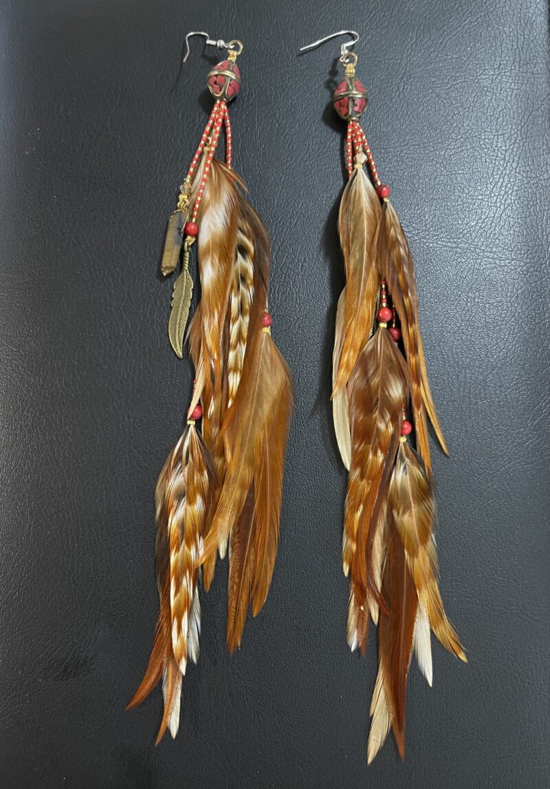 These are Nepalese Round Brass Bead Natural Brown Feather Earrings