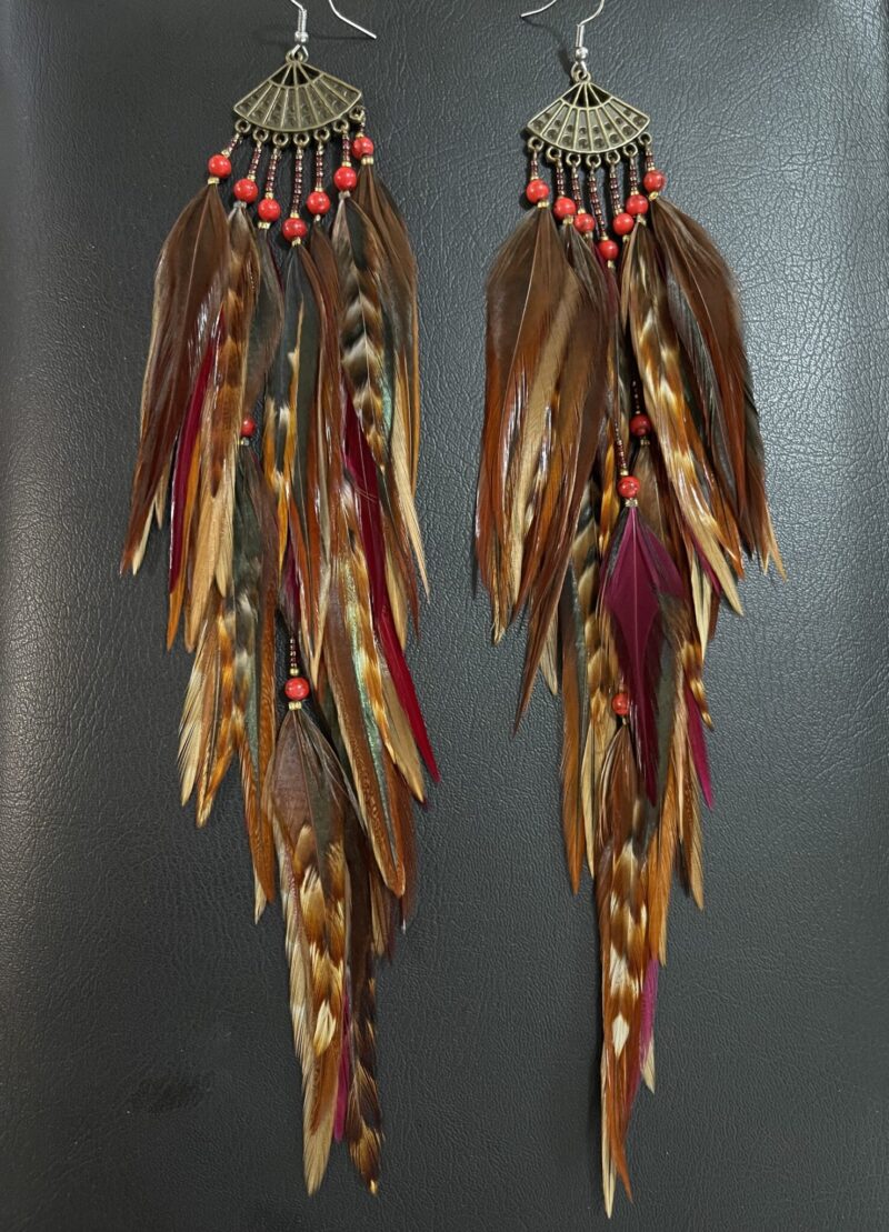 These are Oriental Fan with Coral Beads Feather Earrings