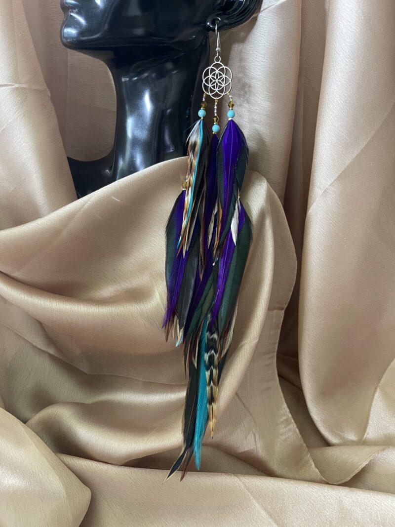 These are Seed of Life Purple Feather Earrings – A Symbol of Harmony and Elegance