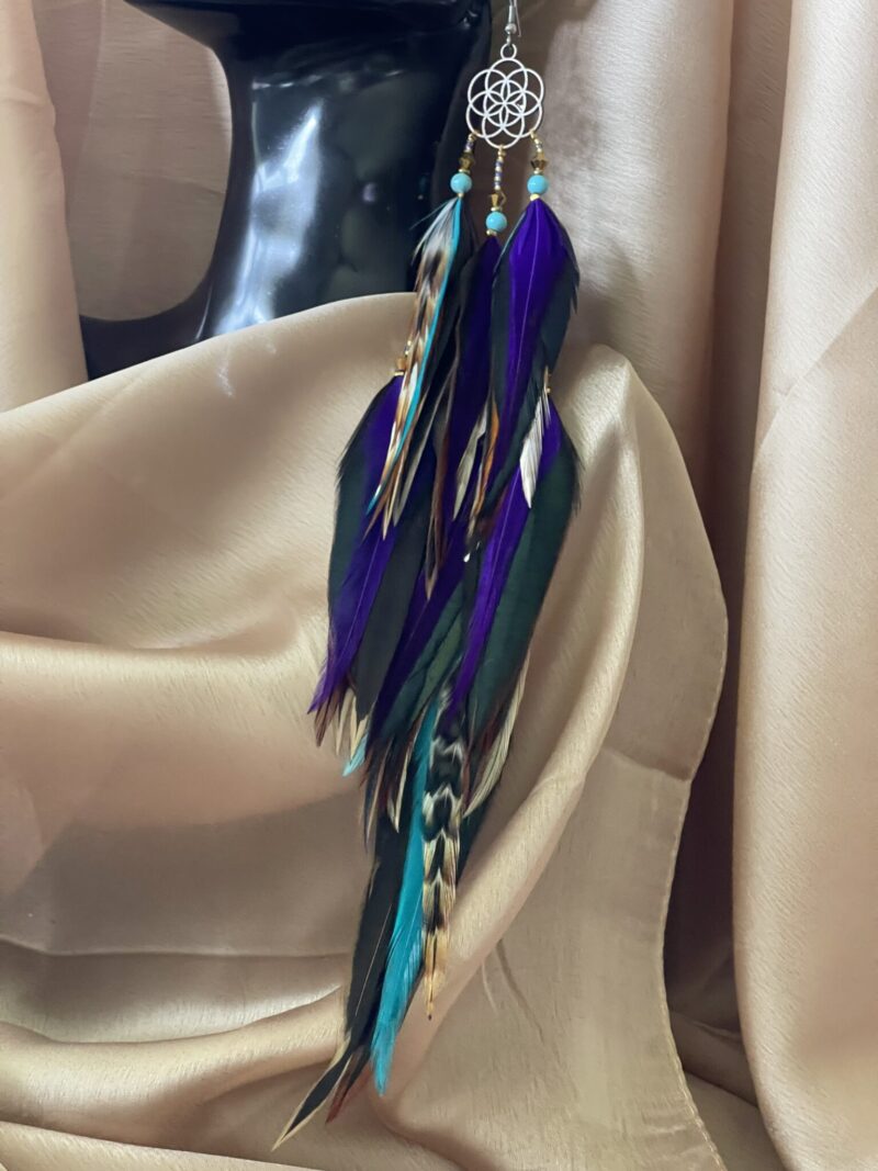 These are Seed of Life Purple Feather Earrings – A Symbol of Harmony and Elegance