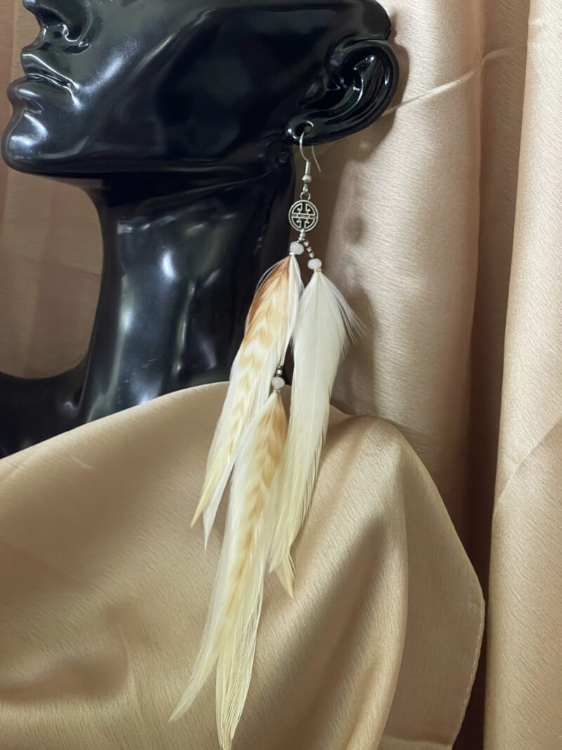 These are Lucky Coin Cream Feather Earrings – Timeless Elegance with a Touch of Luck