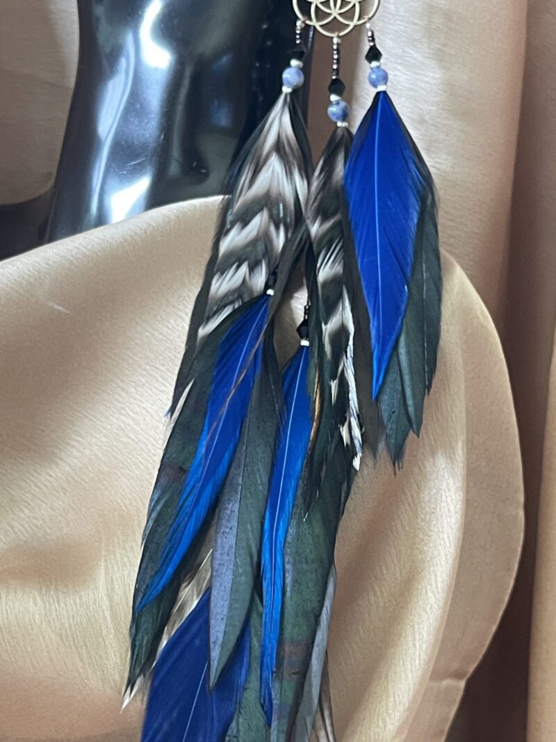 these are Seed of Life Midnight Feather Earrings – Mystical Elegance with Deep Energy