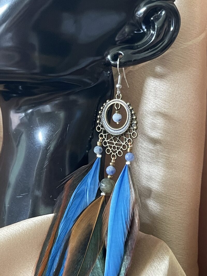 hese are Stunning Queen Blue Feather Earrings – Regal Elegance with a Bohemian Flair