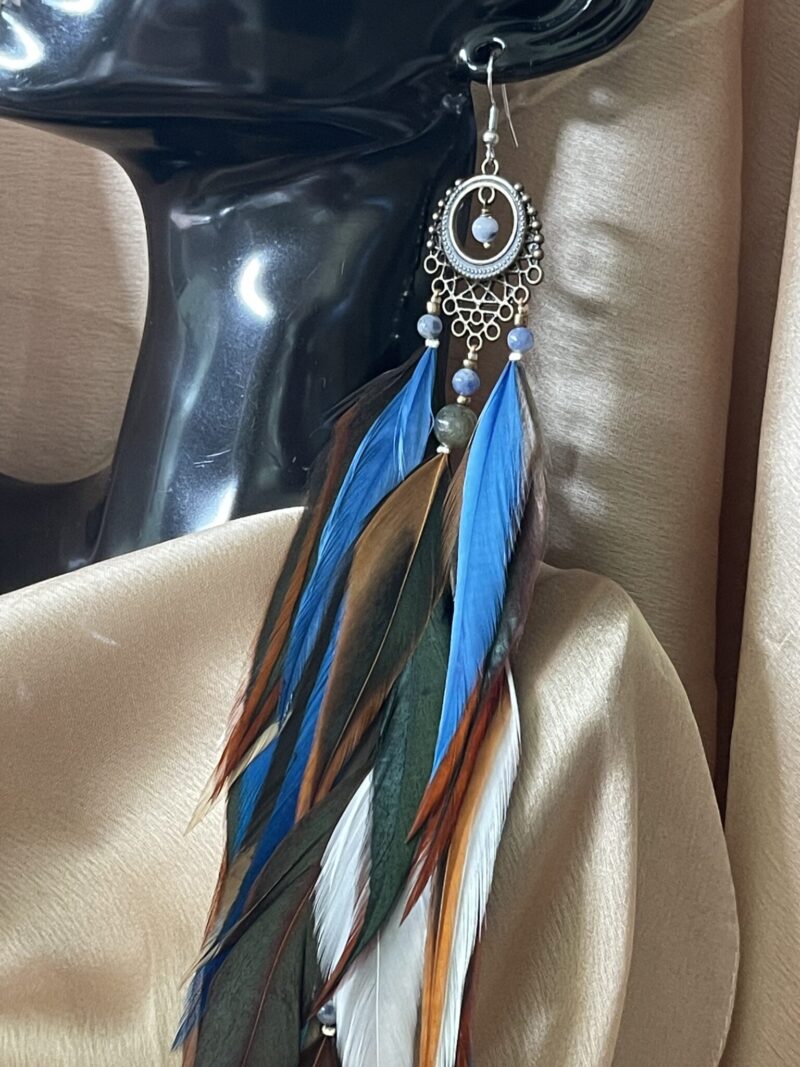 hese are Stunning Queen Blue Feather Earrings – Regal Elegance with a Bohemian Flair