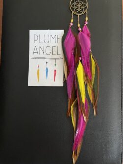 these are Featuring hot pink, yellow, brown, and black feathers paired with pink and gold