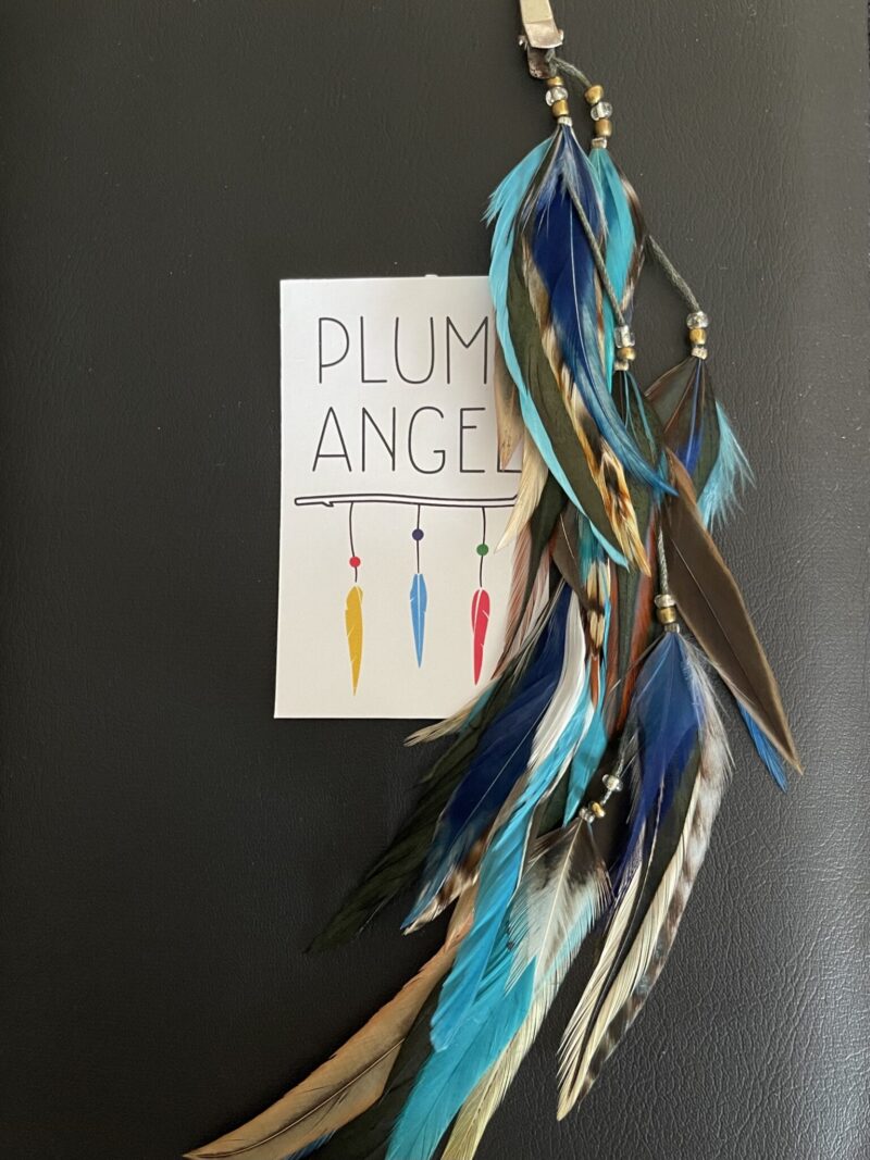 This is Turquoise Blue Brown Medium Feather Clip – Effortless Boho Elegance