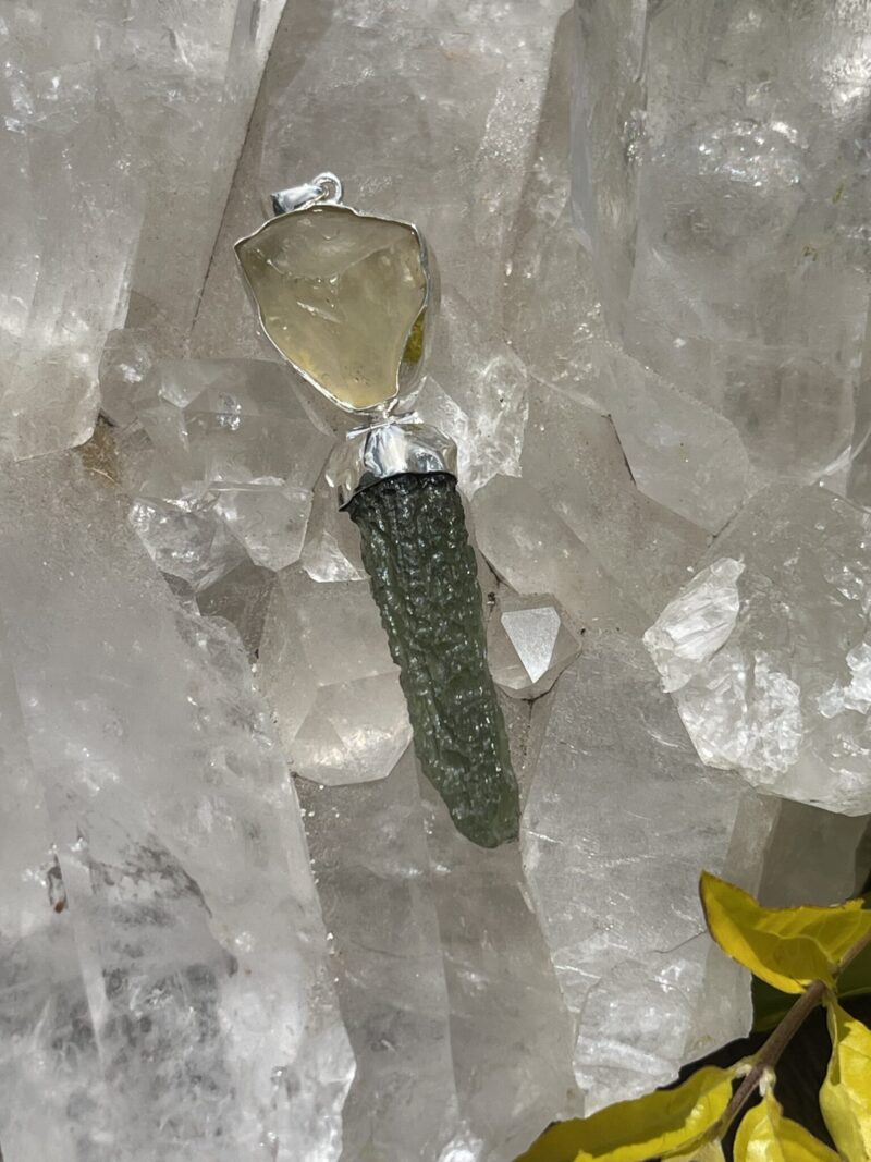 This is Moldavite Libyan Desert Glass Pendant in Silver ML510 Cosmic Harmony: Moldavite and Libyan Desert Glass Pendant in Silver