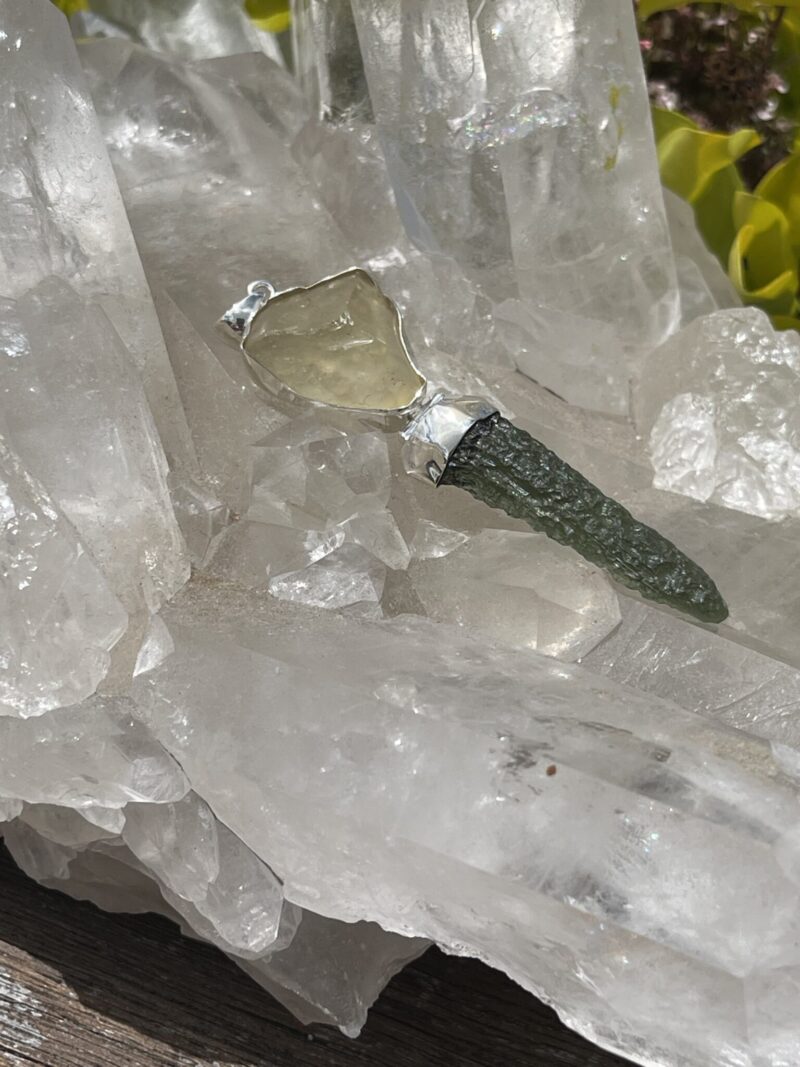 This is Moldavite Libyan Desert Glass Pendant in Silver ML510 Cosmic Harmony: Moldavite and Libyan Desert Glass Pendant in Silver