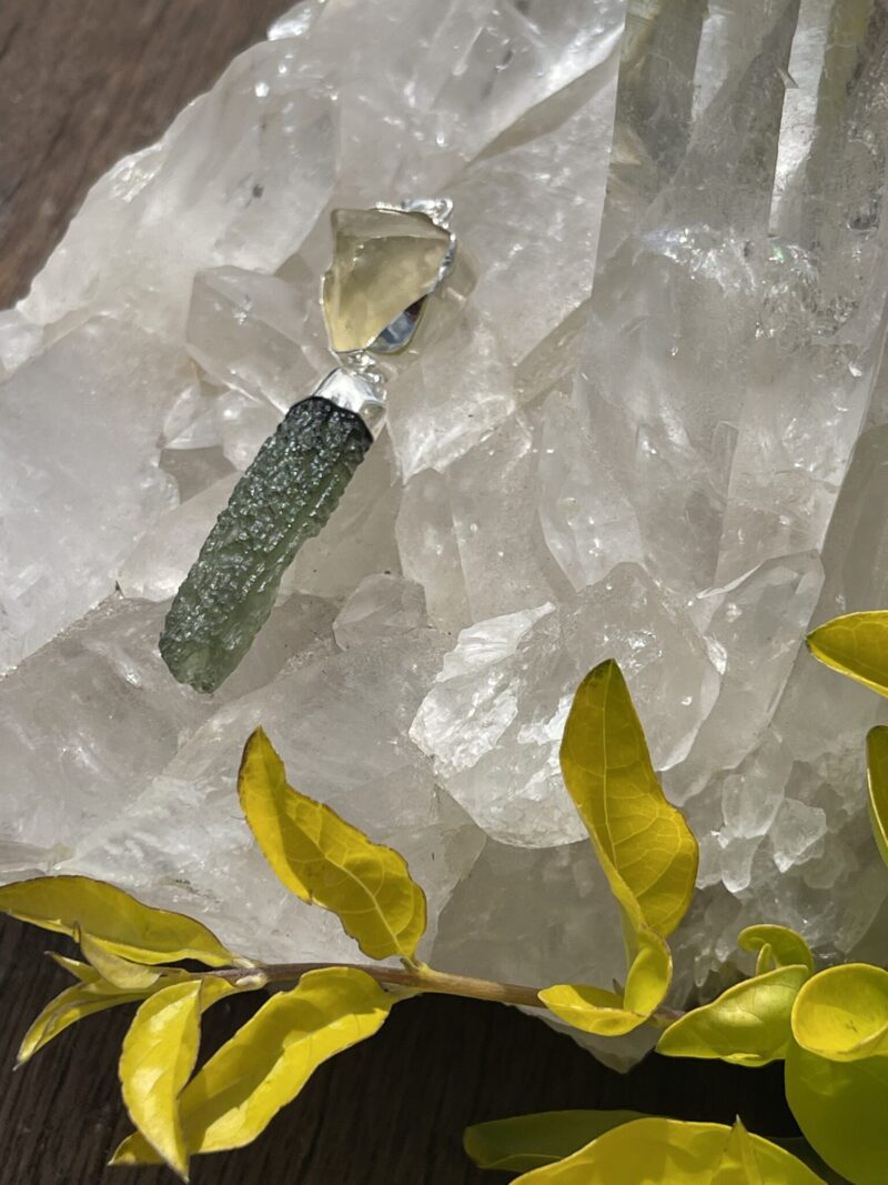 This is Moldavite Libyan Desert Glass Pendant in Silver ML510 Cosmic Harmony: Moldavite and Libyan Desert Glass Pendant in Silver