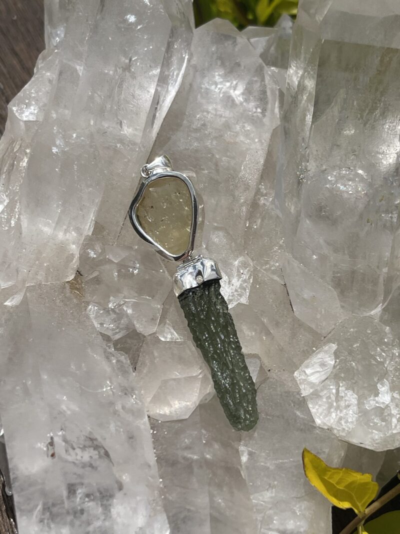 This is Moldavite Libyan Desert Glass Pendant in Silver ML510 Cosmic Harmony: Moldavite and Libyan Desert Glass Pendant in Silver