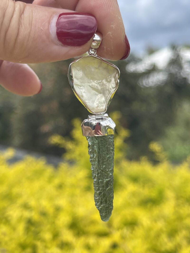 This is Moldavite Libyan Desert Glass Pendant in Silver ML510 Cosmic Harmony: Moldavite and Libyan Desert Glass Pendant in Silver