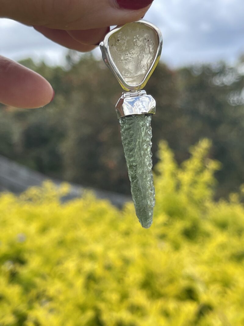 This is Moldavite Libyan Desert Glass Pendant in Silver ML510 Cosmic Harmony: Moldavite and Libyan Desert Glass Pendant in Silver