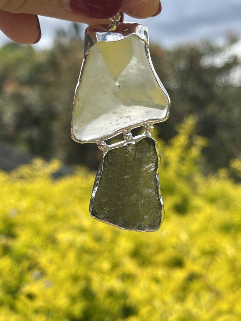 This is Maginicent Moldavite and Libyan Desert Glass Pendant in Silver ML509 Celestial Fusion Magnificent Moldavite