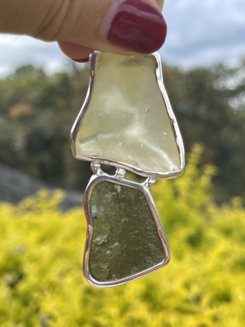 This is Maginicent Moldavite and Libyan Desert Glass Pendant in Silver ML509 Celestial Fusion Magnificent Moldavite