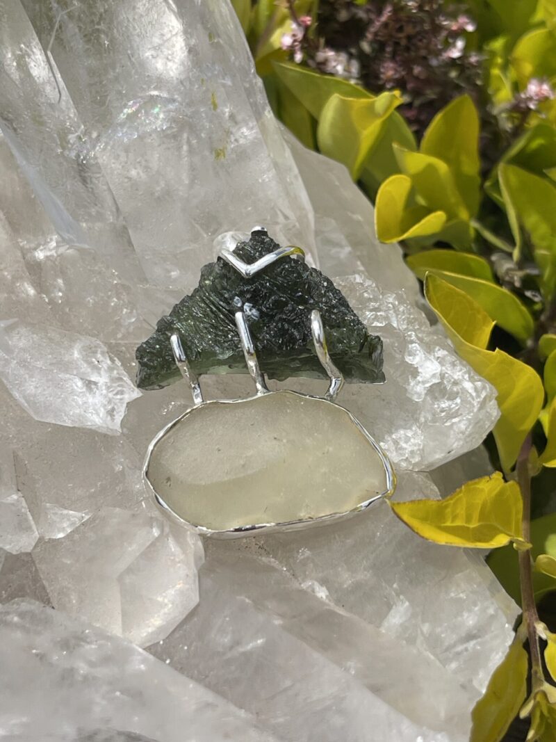 This is Moldavite Libyan Desert Glass Pendant in Silver ML517 Ethereal Balance: Moldavite and Libyan Desert Glass Pendant in Silver