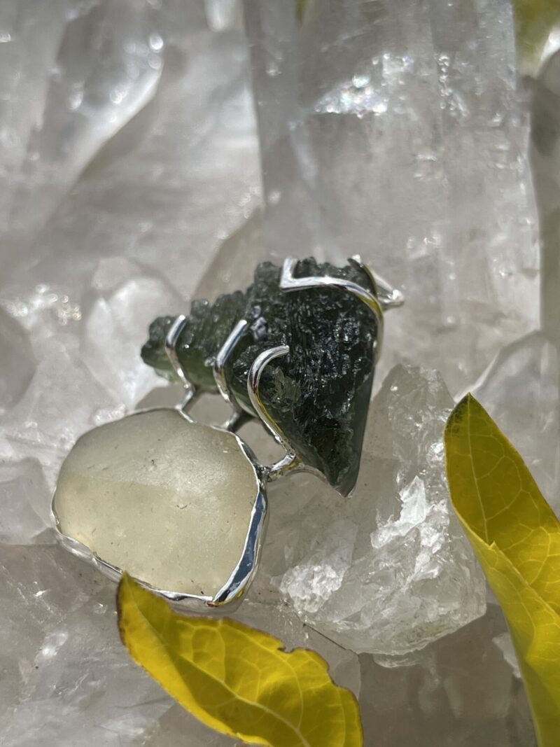 This is Moldavite Libyan Desert Glass Pendant in Silver ML517 Ethereal Balance: Moldavite and Libyan Desert Glass Pendant in Silver