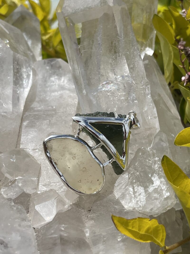 This is Moldavite Libyan Desert Glass Pendant in Silver ML517 Ethereal Balance: Moldavite and Libyan Desert Glass Pendant in Silver