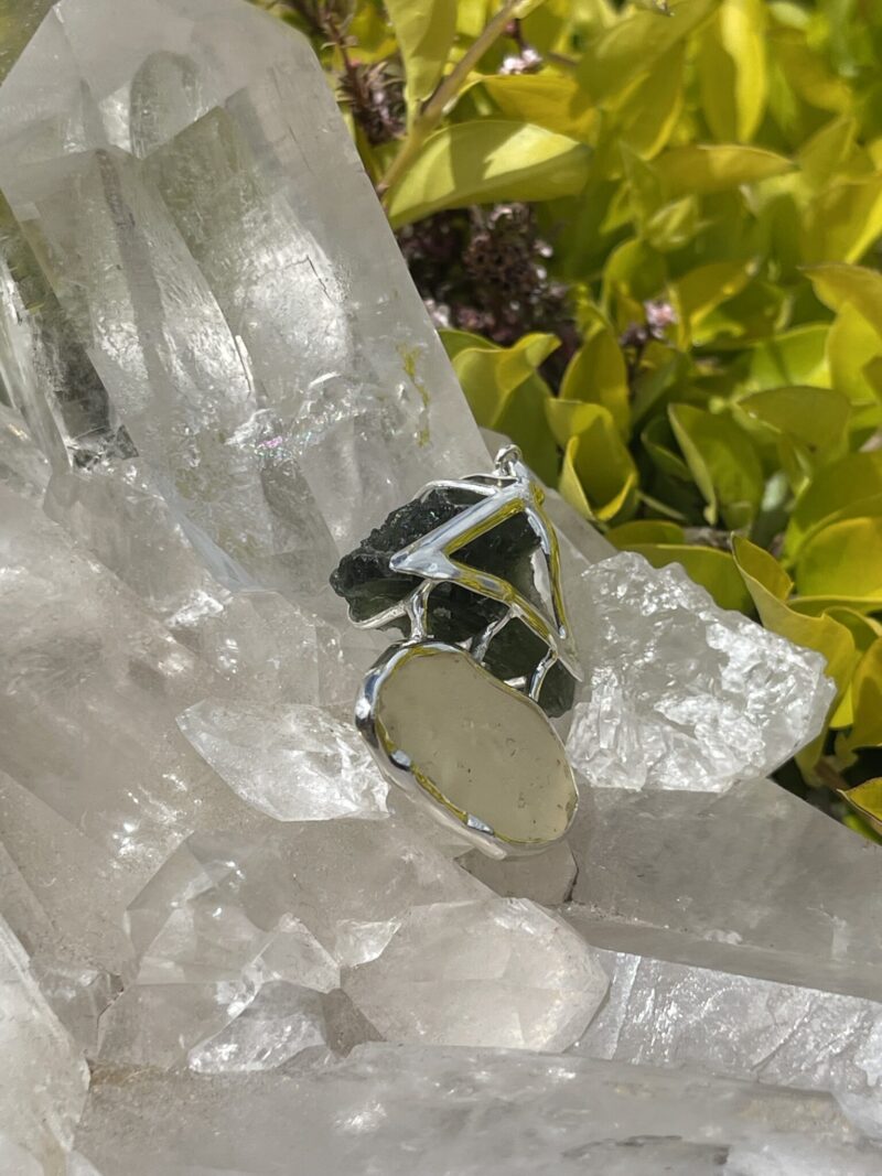 This is Moldavite Libyan Desert Glass Pendant in Silver ML517 Ethereal Balance: Moldavite and Libyan Desert Glass Pendant in Silver