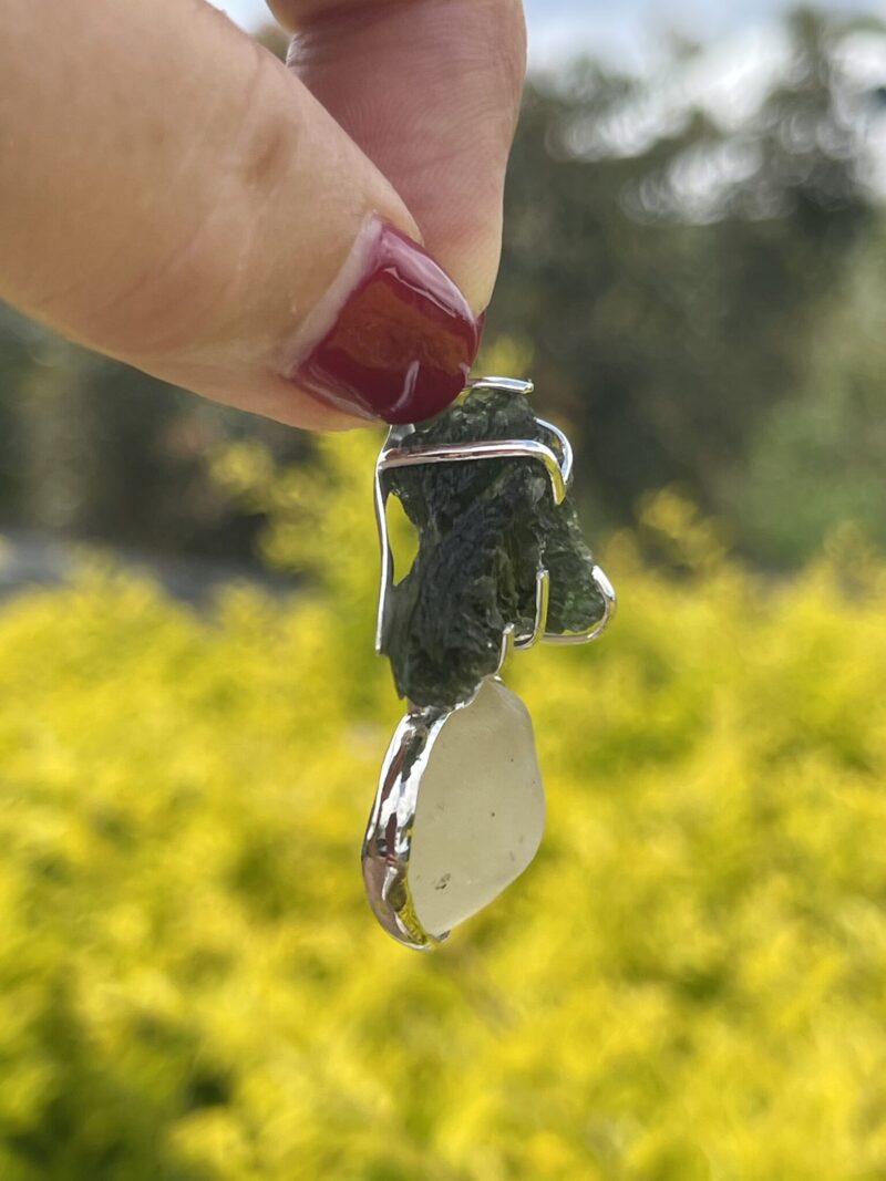 This is Moldavite Libyan Desert Glass Pendant in Silver ML517 Ethereal Balance: Moldavite and Libyan Desert Glass Pendant in Silver