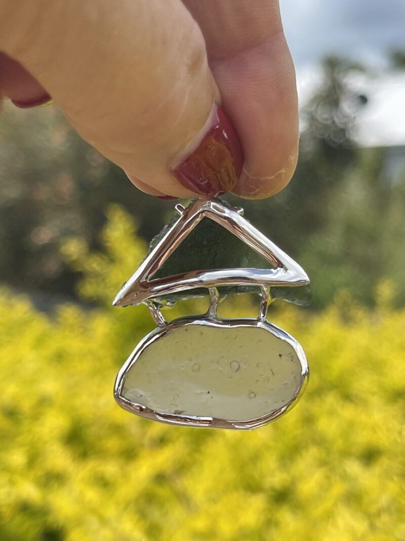 This is Moldavite Libyan Desert Glass Pendant in Silver ML517 Ethereal Balance: Moldavite and Libyan Desert Glass Pendant in Silver