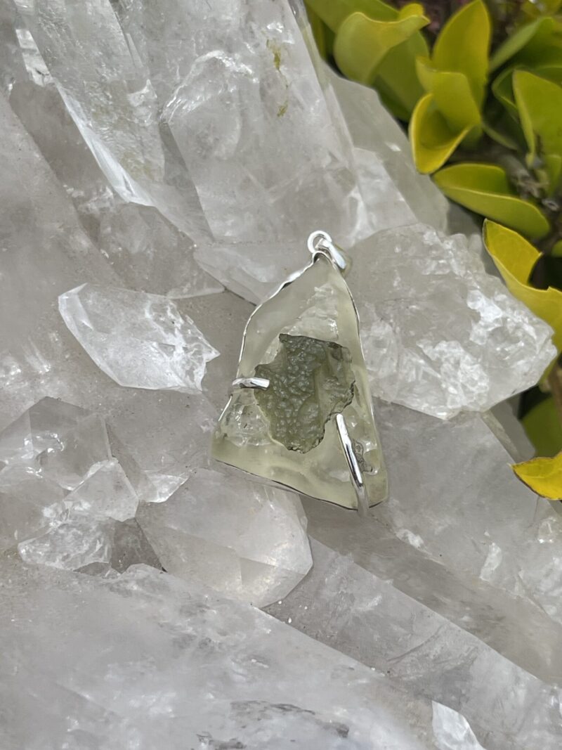 This is Moldavite Libyan Desert Glass Pendant in Silver ML550 Celestial Glow: Moldavite and Libyan Desert Glass Pendant in Silver