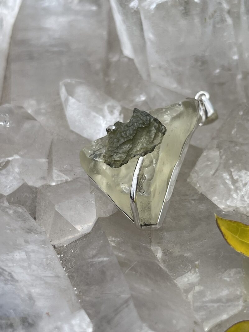 This is Moldavite Libyan Desert Glass Pendant in Silver ML550 Celestial Glow: Moldavite and Libyan Desert Glass Pendant in Silver