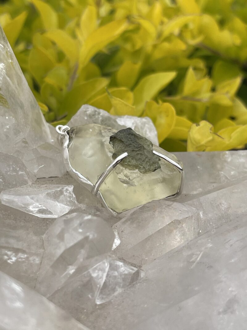 This is Moldavite Libyan Desert Glass Pendant in Silver ML550 Celestial Glow: Moldavite and Libyan Desert Glass Pendant in Silver