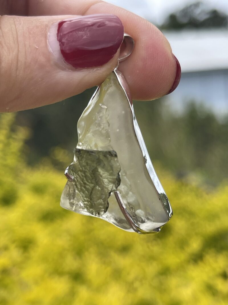 This is Moldavite Libyan Desert Glass Pendant in Silver ML550 Celestial Glow: Moldavite and Libyan Desert Glass Pendant in Silver