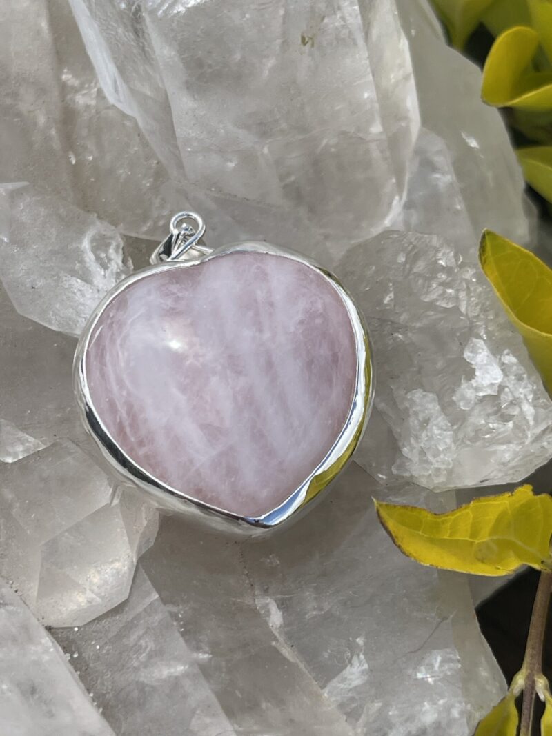 This is A Loving Embrace: Heart-Shaped Pink Rose Quartz Pendant in Silver