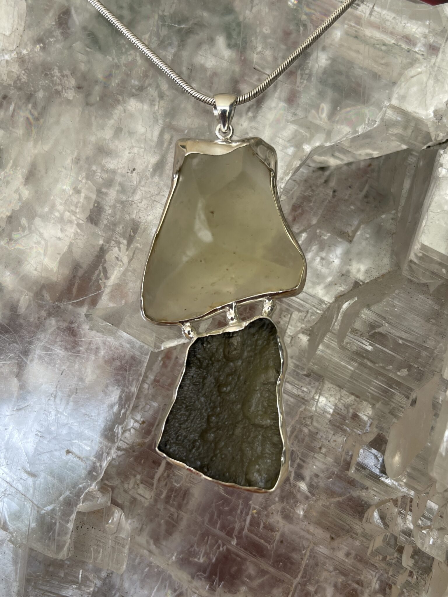 This is Maginicent Moldavite and Libyan Desert Glass Pendant in Silver ML509 Celestial Fusion Magnificent Moldavite