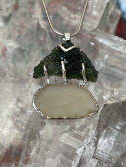 This is Moldavite Libyan Desert Glass Pendant in Silver ML517 Ethereal Balance: Moldavite and Libyan Desert Glass Pendant in Silver