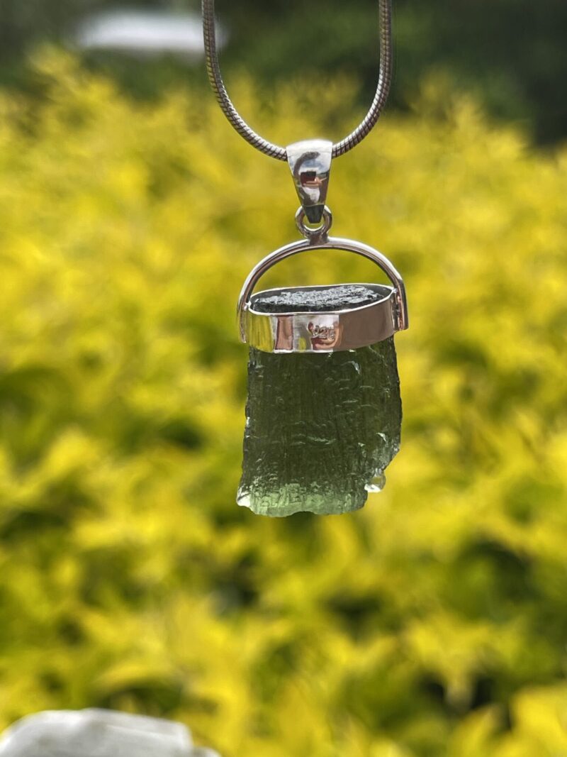 This is Verdant Moldavite Pendant in Silver M514 Verdant Light: Moldavite Pendant in Silver