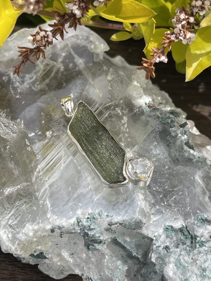 This is Moldavite Herkimer Diamond Pendant in Silver MH519 Stellar Brilliance: Moldavite and Herkimer Diamond Pendant in Silver