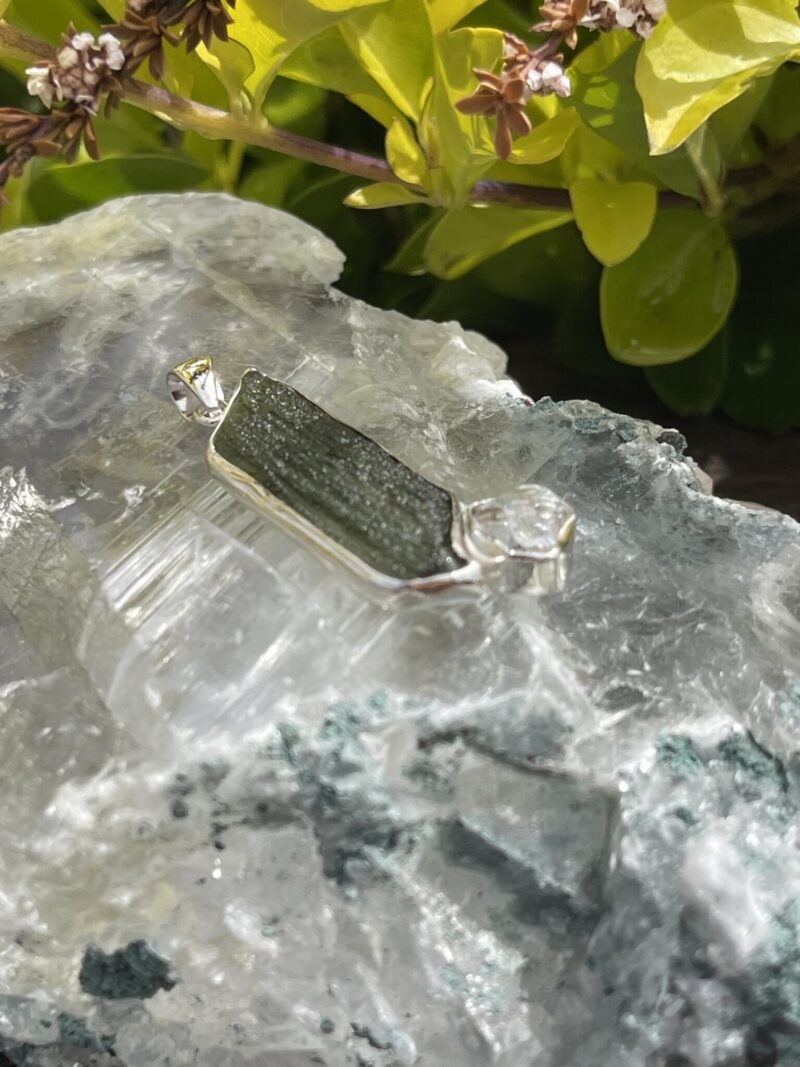 This is Moldavite Herkimer Diamond Pendant in Silver MH519 Stellar Brilliance: Moldavite and Herkimer Diamond Pendant in Silver