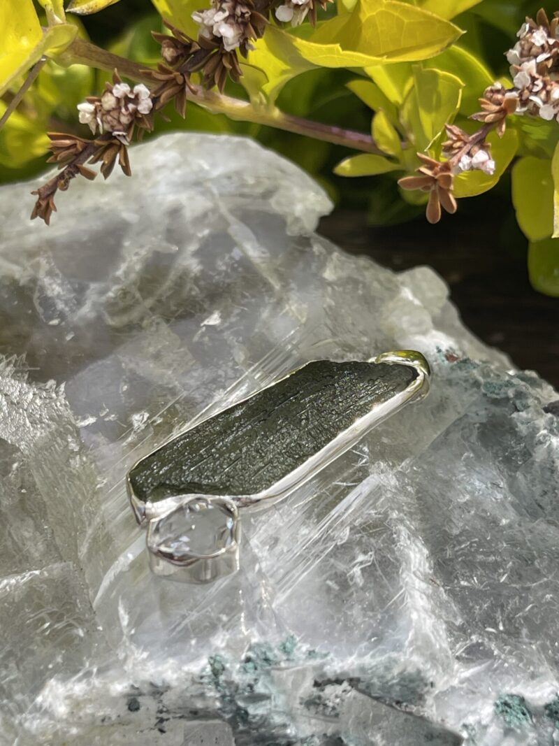 This is Moldavite Herkimer Diamond Pendant in Silver MH519 Stellar Brilliance: Moldavite and Herkimer Diamond Pendant in Silver