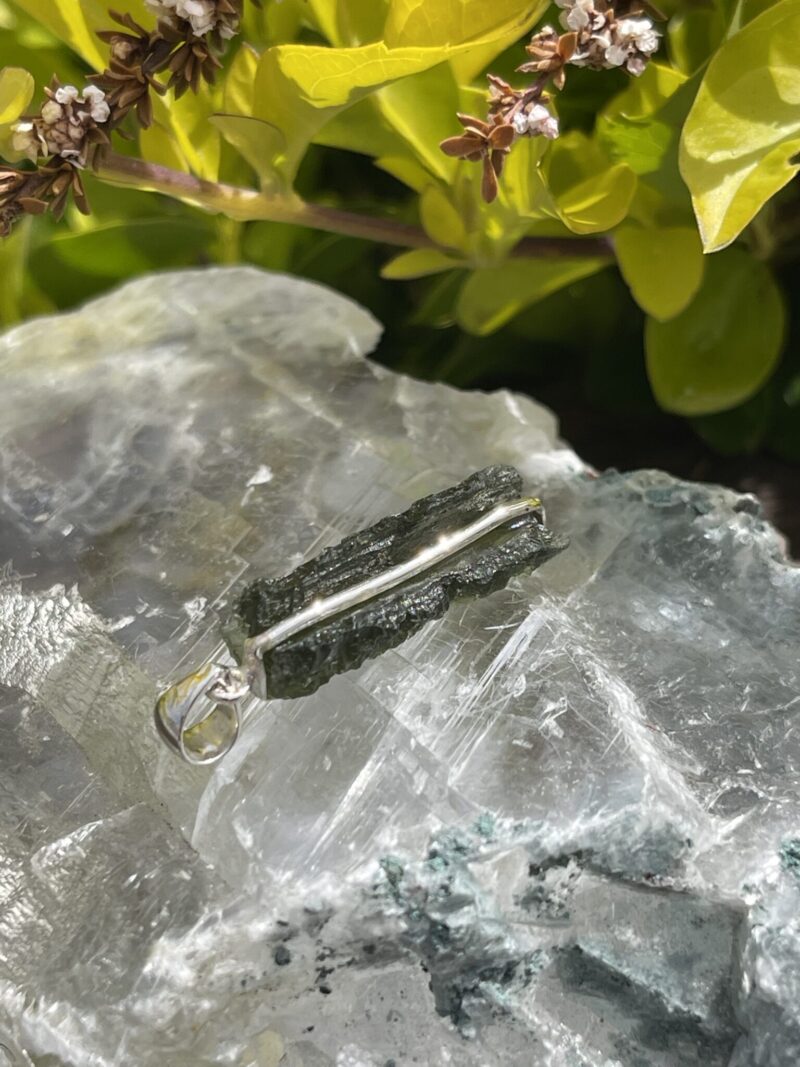 Aurora Green Moldavite Pendant in Silver M523