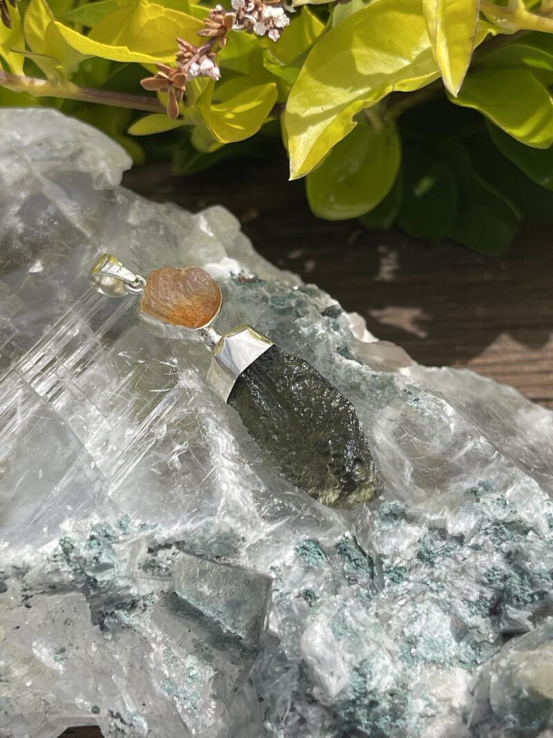 this is Moldavite Fire Opal Pendant in Silver MO524 Ignite Transformation: Moldavite and Fire Opal Pendant in Silver